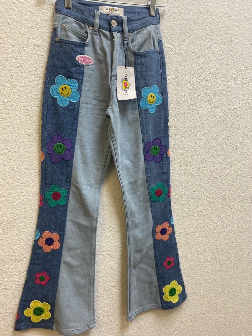 Floral Patch Bootcut Jeans - Light & Dark Blue